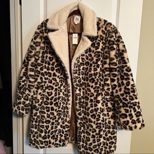 Leopard plush cocoon coat with sherpa collar ..